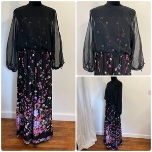 Vintage 70s Floral Cottagecore Maxi Dress Chiffon Balloon Sleeve Floral Sz 14 L